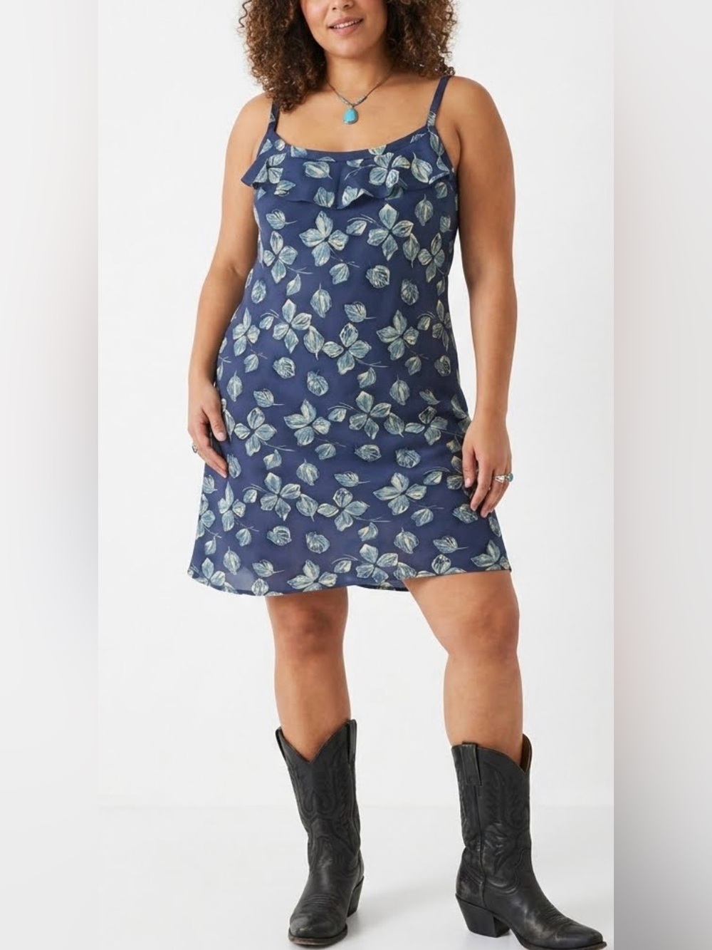 Vintage Too Blue Floral Ruffle Scoop Neck Mini Slip Dress Size XL 90s Retro